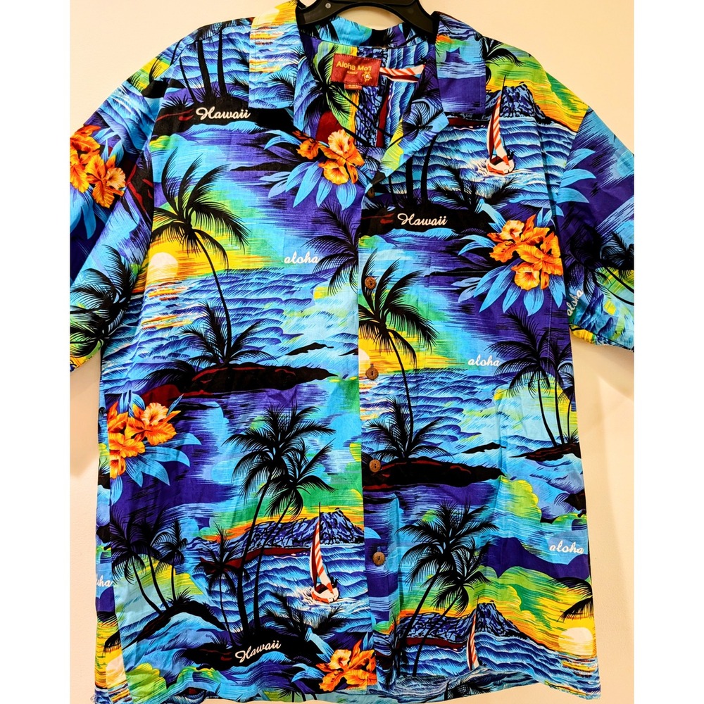 Vintage Hawaiian Shirt Aloha Mo'i Mens 2XL Blue Tropical Palm Tree NWT